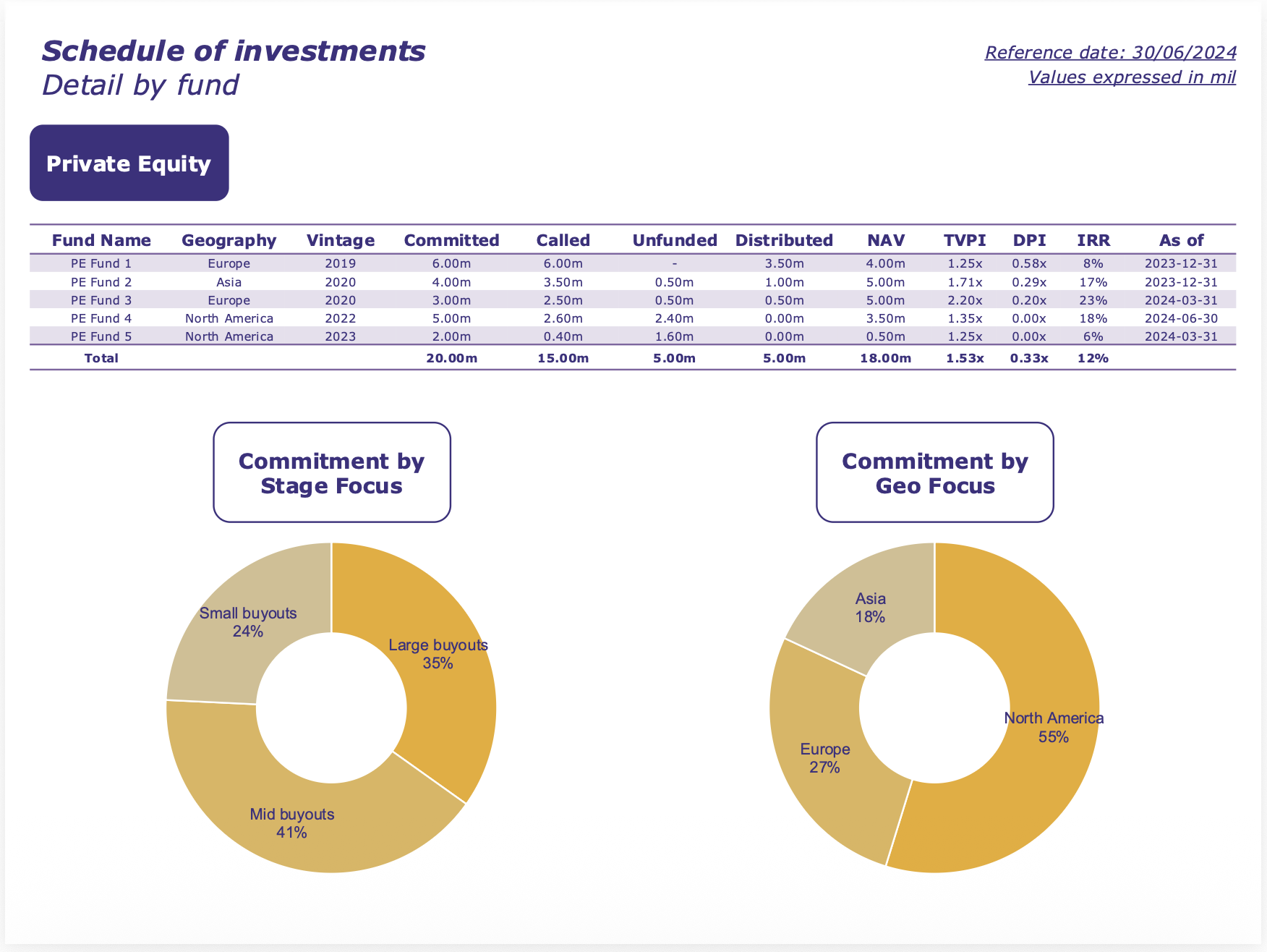 Private markets investment schedule grouped by asset class with fund-level exposure and performance metrics